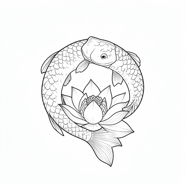 AI-generated fine line tattoo design: Koi circling a lotus
