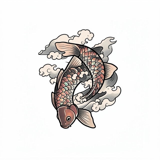 AI-generated japanese tattoo design: Koi diving through clouds, Japanese style