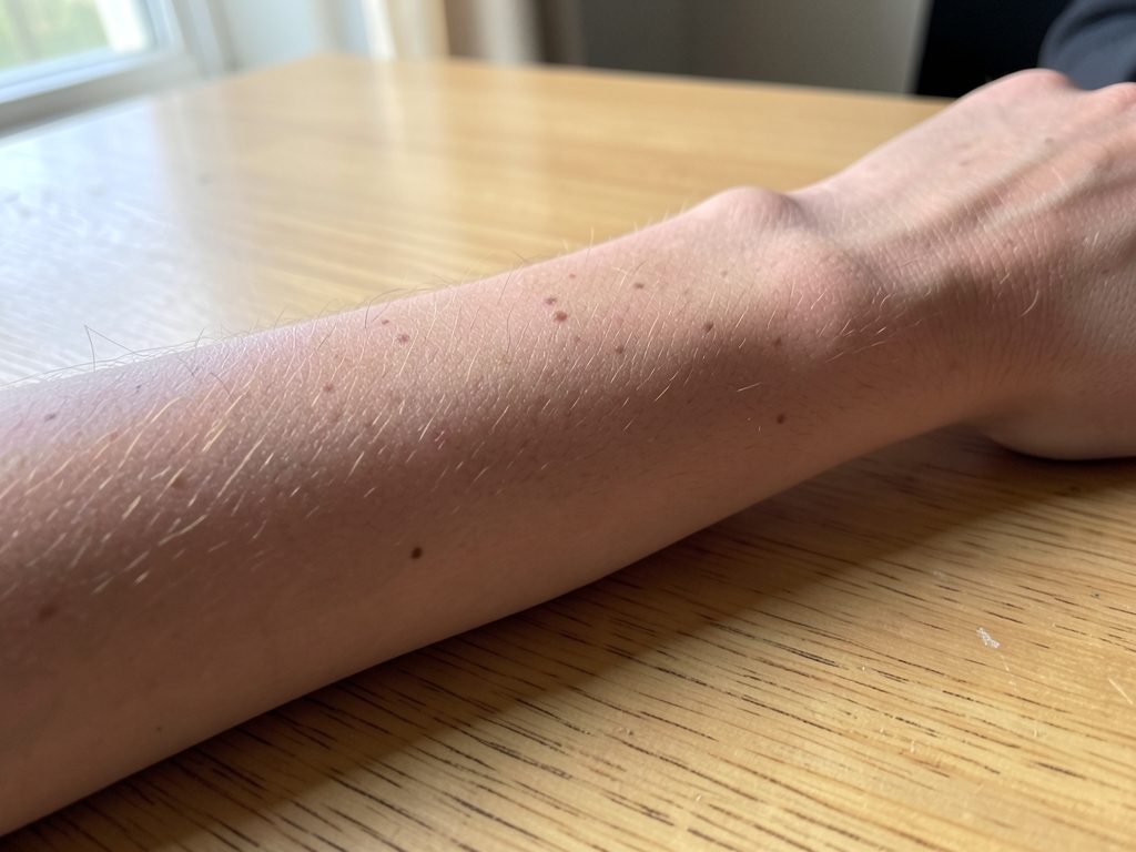 Sample forearm on a wooden table, before