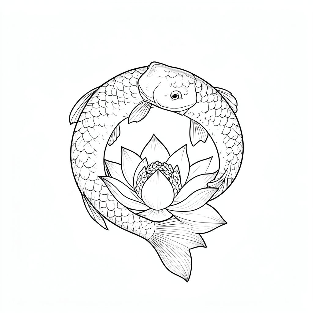 Example design: a fine line koi fish circling a lotus flower