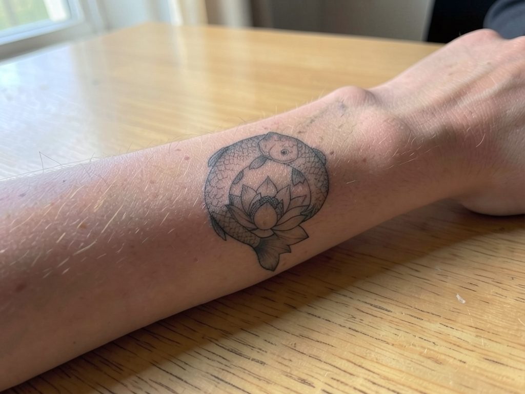 The same forearm with a fine line koi and lotus tattoo