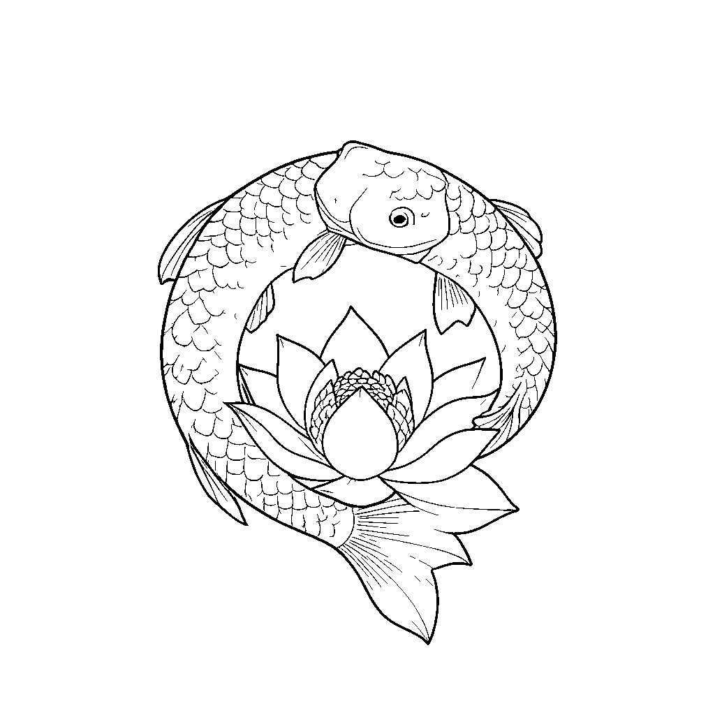 Example stencil: a koi circling a lotus as black outlines on white